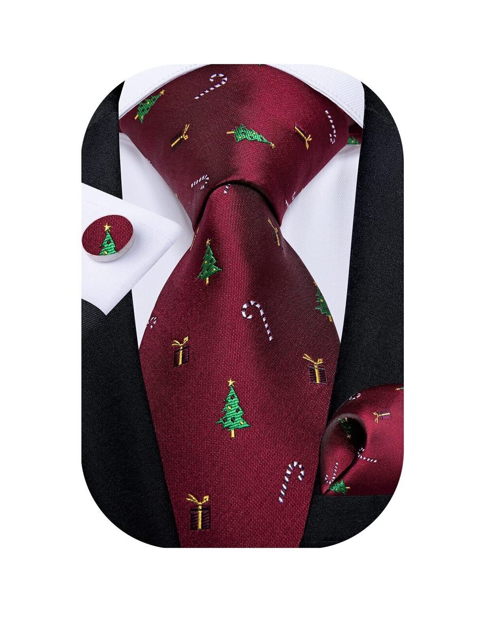 8745 Classic Wine Red Jacquard Necktie Set with Handkerchief Cufflinks 's